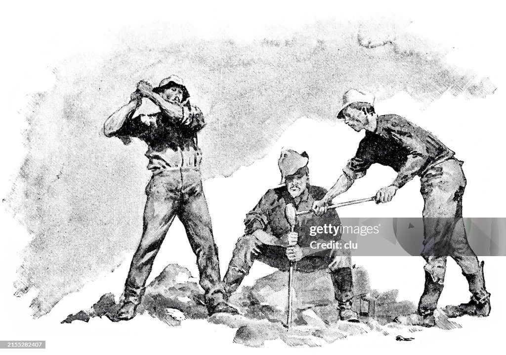 A sketch on the work in the Wild West, Man hits a post in the ground, another holds it