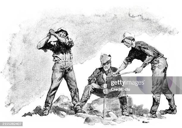 a sketch on the work in the wild west, man hits a post in the ground, another holds it - seattle art museum stock illustrations