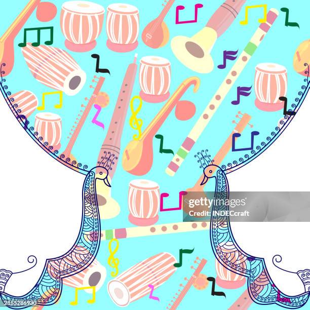 indian music instrument seamless pattern with frame - oboe player stock illustrations