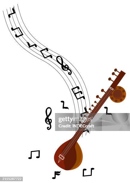 sitara instrument with musical notes - classical orchestral music stock illustrations