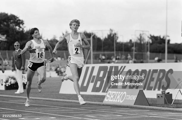 Steve Cram races home to victory in the 1500 metres. 15th July 1984, A.A.A. Alexander stadium, Perry Barr, Birmingham