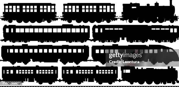 highly detailed passenger train silhouettes - railroad car stock illustrations