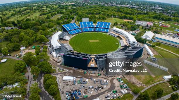 An aerial view of the Nassau County International Cricket Stadium built on the grounds of Eisenhower Park in East Meadow, New York, on May 17, 2024....