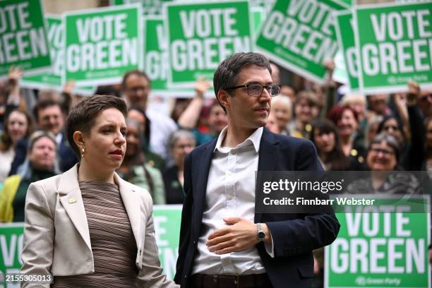 Green Party co-leaders Carla Denyer and Adrian Ramsay wait topose for the media during the Green Party campaign launch at St George’s Bristol, on May...