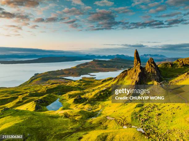 drone view over old man of storr, isle of skye, scotland - dramatic landscape stock pictures, royalty-free photos & images