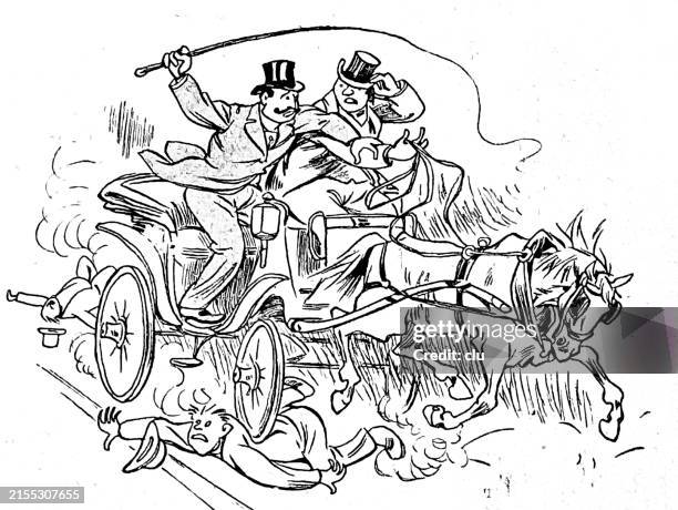 too fast driving stagecoach rolls over a man - dumb stock illustrations