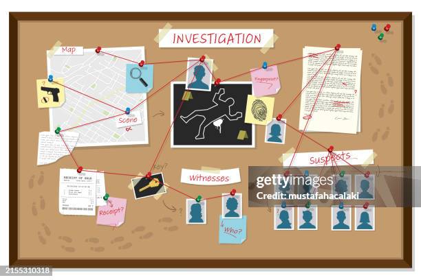 ilustrações de stock, clip art, desenhos animados e ícones de bulletin board with crime scene investigation elements - detetive
