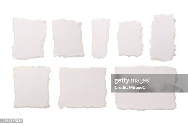 set of torn white paper pieces isolated on white - papel cortado fotografías e imágenes de stock