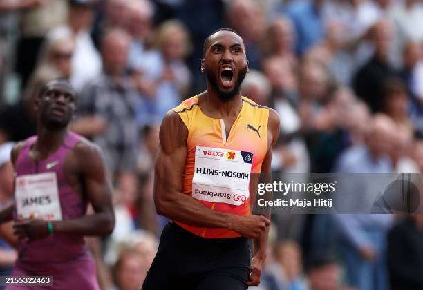 Matthew Hudson-Smith of Team Great Britain celebrates after winning in the Men's 400 Metre Final during the Bislett Games, part of the 2024 Diamond...