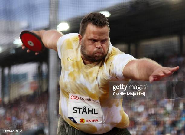 Daniel Stahl of Team Sweden competes in the Men's Discus Throw Final during the Bislett Games, part of the 2024 Diamond League at Bislett Stadium on...