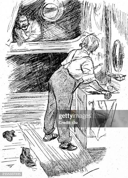 two men in a cabin, one brushing his teeth - log cabin interior stock illustrations