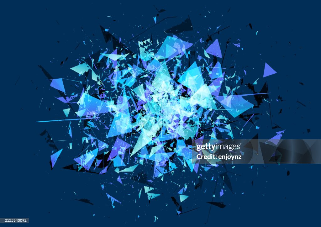 Blue shattered glitch shapes explosion