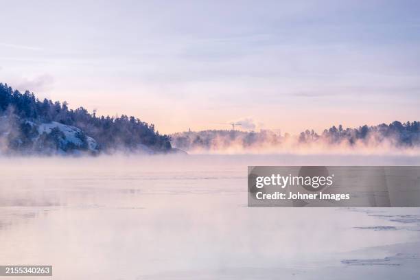 frozen lake with fog under sky at sunrise - is bildbanksfoton och bilder