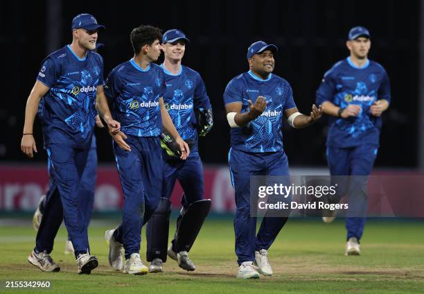 Samit Patel captain of the Derbyshire Falcons issues instructions to his team during the T20 Vitality Blast match between Northamptonshire Steelbacks...