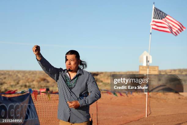 Race director Harold Bennally leads the runners in prayer before the start of the Antelope Canyon X Half Marathon on April 21, 2024 in Page, Arizona....