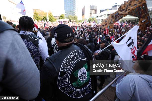 Black Power gang members wearing insignia join a march down Queen St on May 30, 2024 in Auckland, New Zealand. The nationwide day of activation saw...