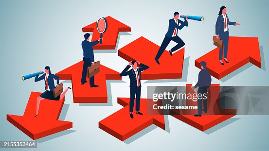 Confused directions, blind, purposeless, looking in the right direction, isometric group of businessmen looking in the right direction on arrows in confusing directions Confused directions, blind, purposeless, looking in the right direction, isometric group of businessmen looking in the right direction on arrows in confusing directions