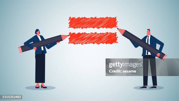 ilustraciones, imágenes clip art, dibujos animados e iconos de stock de igualdad entre hombres y mujeres, igualdad de género, rechazo a la discriminación de género, cuestiones sociales, empresario y empresaria con lápices para dibujar un símbolo que es igual a un símbolo - igualdad