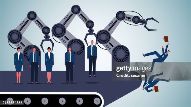 artificial intelligence automation eliminates traditional corporate jobs, artificial intelligence beats humans, robotic arm grabs businessman on conveyor belt and throws him down - threats stock illustrations