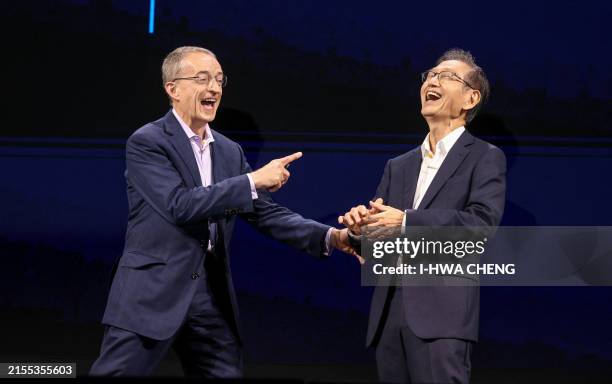 Asus Chairman Jonney Shih shares a light moment with Intel CEO Pat Gelsinger at Taipei Nangang Exhibition Center during Computex 2024, in Taipei on...