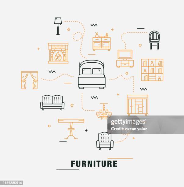 furniture related vector design concept. global multi-sphere ready-to-use template. web banner, website header, magazine, mobile application etc. modern design. - empty shelf kitchen stock illustrations