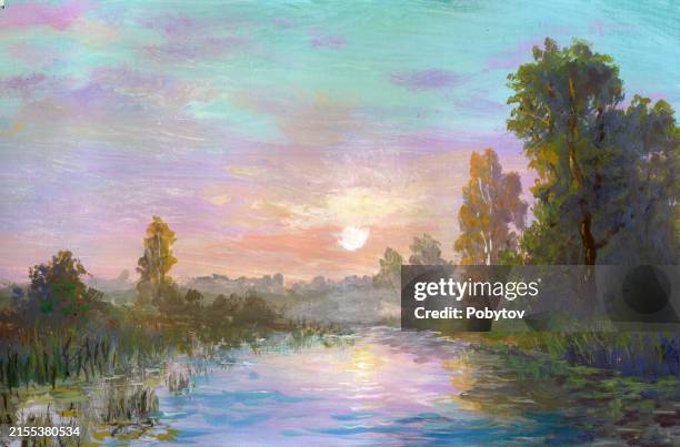 sunset on the river, sketch in acrylic paint - impressionism art stock illustrations