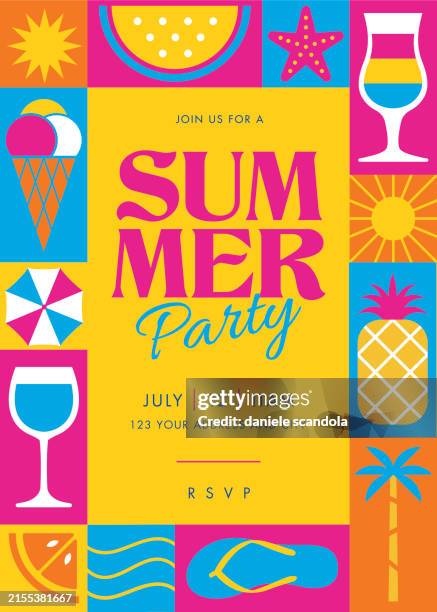 ilustraciones, imágenes clip art, dibujos animados e iconos de stock de póster geométrico de fiesta de verano con formas y figuras de geometría simple. - póster