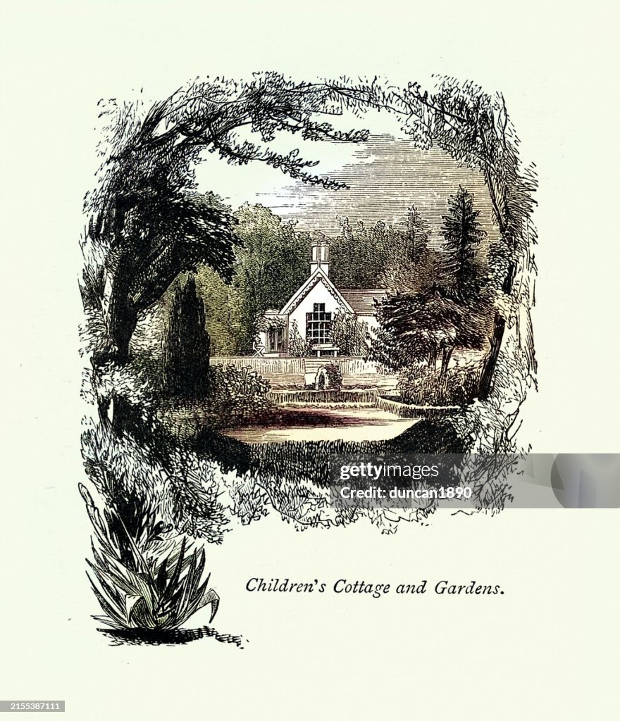 English Victorian Architecture, Children's Cottage and garden on a county estate, Vintage illustration 19th Century style
