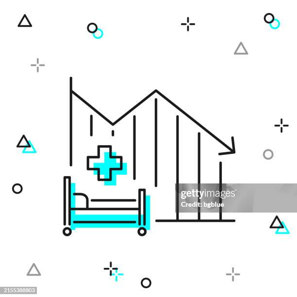 ilustraciones, imágenes clip art, dibujos animados e iconos de stock de gráfico de disminución de la capacidad de camas hospitalarias. icono de línea sobre fondo blanco - urgencias-hospital
