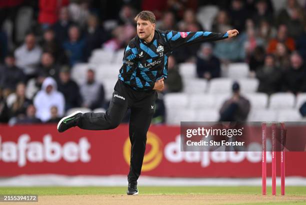Rapids bowler Josh Cobb in bowling action during the T20 Vitality Blast match between Yorkshire Vikings and Worcestershire Rapids at Headingley...