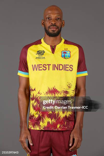 Roston Chase of West Indies poses for a portrait prior to the ICC Men's T20 Cricket World Cup West Indies & USA 2024 on May 29, 2024 in Port of...