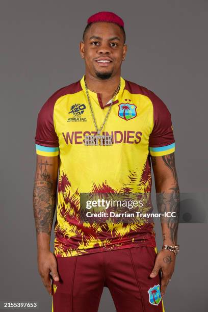 Shimron Hetmyer of West Indies poses for a portrait prior to the ICC Men's T20 Cricket World Cup West Indies & USA 2024 on May 29, 2024 in Port of...