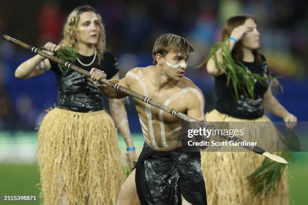 An aboriginal performer during the round 13 NRL match between Newcastle Knights and Canterbury Bulldogs at McDonald Jones Stadium, on May 31 in...
