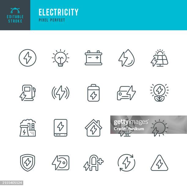 stockillustraties, clipart, cartoons en iconen met electricity - set of vector linear icons. pixel perfect. editable stroke. the set includes a light bulb, lightning, battery, electric car, wind turbine, solar panel, power station, power supply, sun, power bank, organic power, house. - natuurgeweld