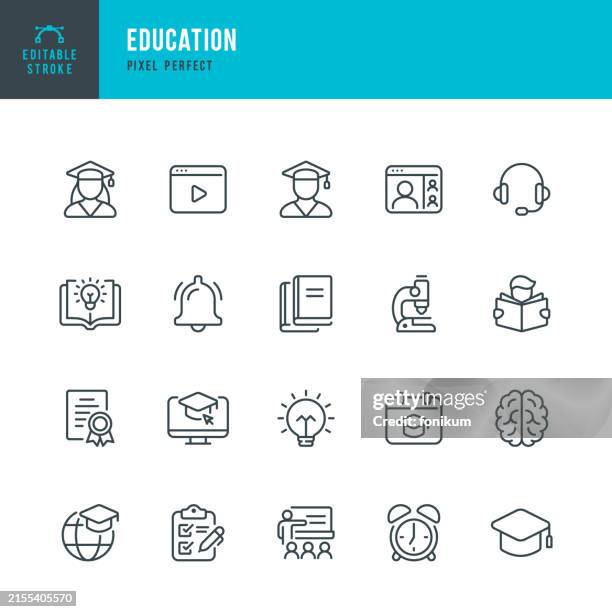 ilustraciones, imágenes clip art, dibujos animados e iconos de stock de educación: conjunto de iconos lineales vectoriales. píxel perfecto. trazo editable. el conjunto incluye una educación, e-learning, graduación, diploma, graduado, mortero, conferencia web, microscopio, estudiante, libros, despertador, campana, aula, hor - técnicos especialistas de laboratorio