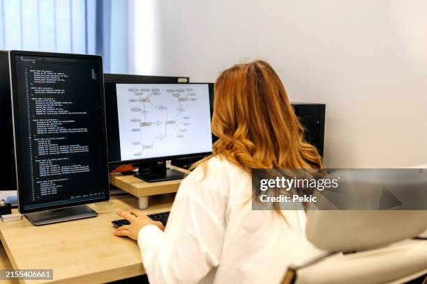 young female student coding on computer at classroom - data science stock pictures, royalty-free photos & images