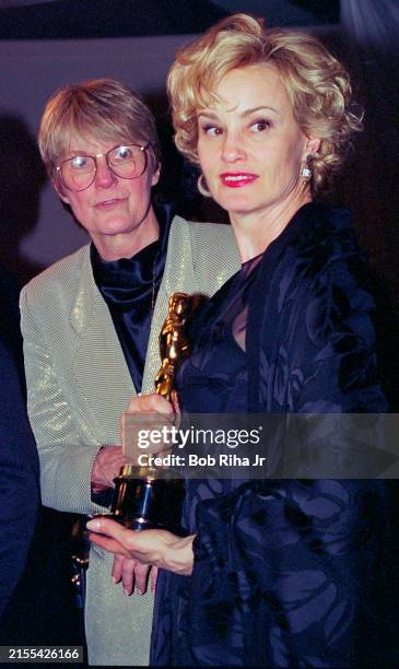 Oscar Winning Actress Jessica Lange backstage with her Publicist Pat Kingsley at the Academy Awards, March 27, 1995 in Los Angeles, California.