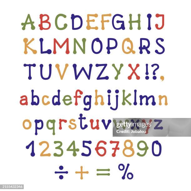 illustrations, cliparts, dessins animés et icônes de police de caractères multicolore sur papier buvard, lettres abc, chiffres et symboles - ordre alphabétique