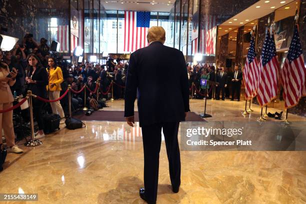 Former U.S. President Donald Trump arrives for a press conference following the verdict in his hush-money trial at Trump Tower on May 31, 2024 in New...