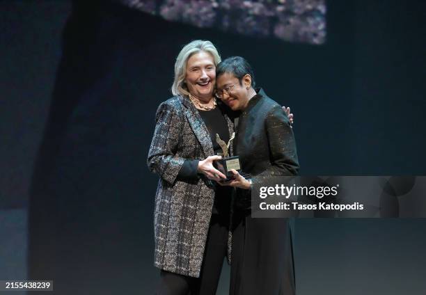 Co-Founder, Vital Voices Hillary Rodham Clinton presents 2024 Global Leadership award to Maria Ressa, Nobel Peace Laureate & CEO of Rappler on stage...