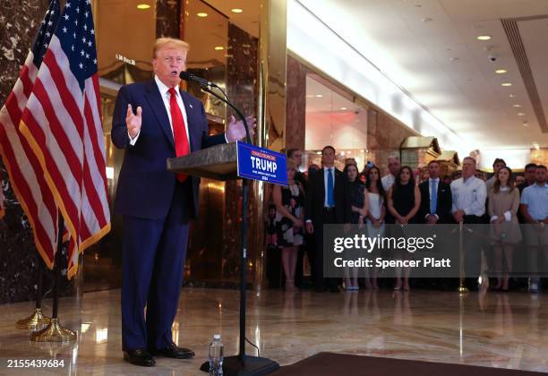 Former U.S. President Donald Trump holds a press conference following the verdict in his hush-money trial at Trump Tower on May 31, 2024 in New York...