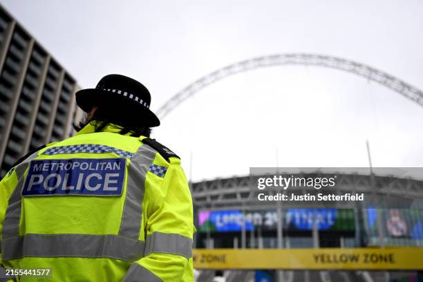 General view outside the stadium as a Metropolitan Police Officer looks on prior to the UEFA Champions League 2023/24 final match between Borussia...