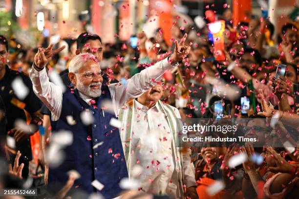 Prime Minister Narendra Modi, during celebration at BJP HQ as the party leads in the Lok Sabha elections amid the counting of votes, on June 4, 2024...