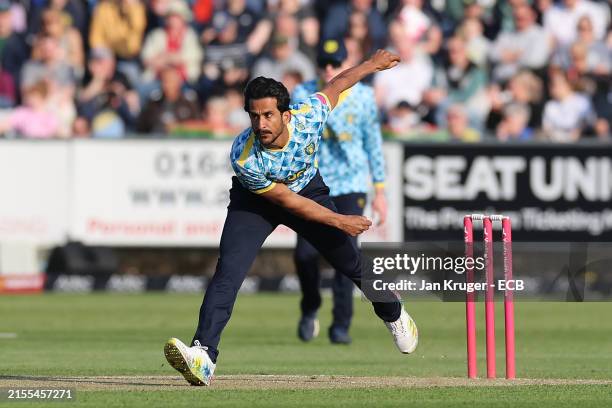 Hassan Ali of Bears bowls during the T20 Vitality Blast match between Durham Cricket and Bears at Seat Unique Riverside on May 31, 2024 in...