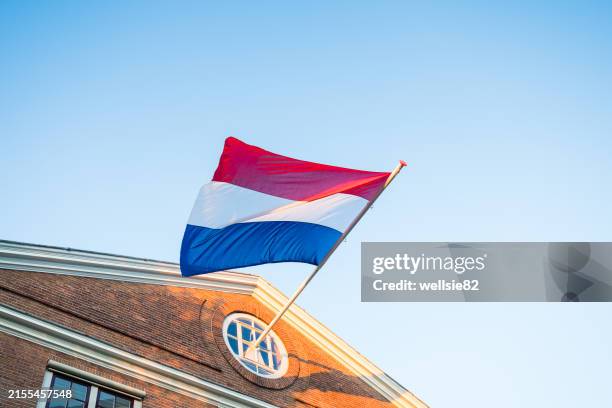 dutch flag flapping at dusk - bandeira da holanda imagens e fotografias de stock