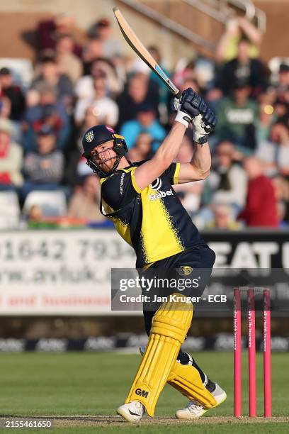 Michael Jones of Durham bats during the T20 Vitality Blast match between Durham Cricket and Bears at Seat Unique Riverside on May 31, 2024 in...