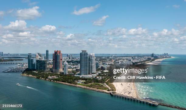 General aerial view of South Beach on May 31, 2024 in Miami Beach, Florida.