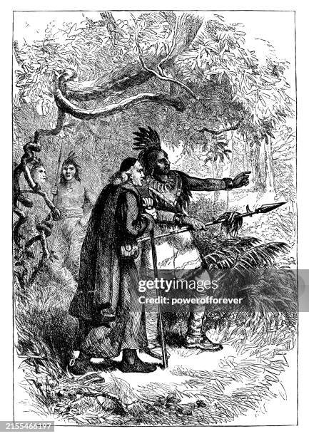 priest jean de lamberville being directed to montreal by the onondaga people after becoming very sick - 17th century - syracuse new york stock illustrations