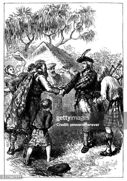 james oglethorpe greeting the 42nd regiment of the foot at fort frederica in georgia, united states - 18th century - james fort stock illustrations