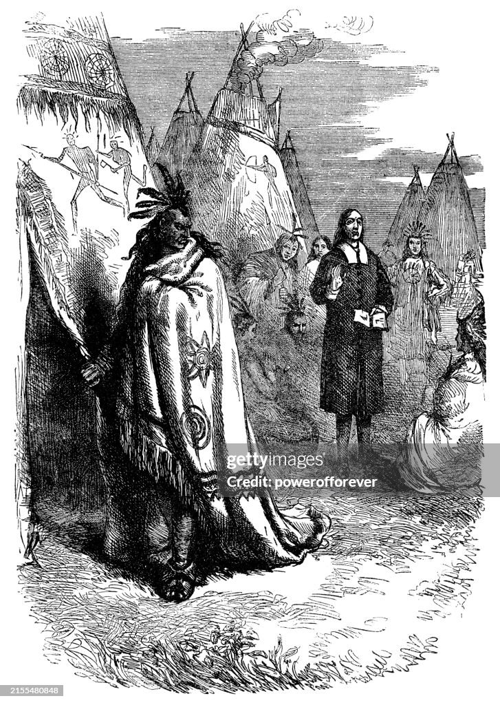 John Eliot Preaching to the Algonquian People in Massachusetts, United States - 17th Century